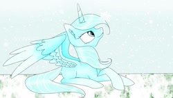 Size: 1920x1080 | Tagged: safe, artist:emalajiss36, derpibooru import, oc, oc only, alicorn, pony, alicorn oc, eyelashes, horn, looking up, lying down, prone, smiling, snow, snowflake, wings