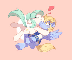 Size: 1985x1674 | Tagged: safe, artist:drtuo4, derpibooru import, oc, oc only, earth pony, pegasus, pony, blonde, blonde mane, blonde tail, blushing, clothes, eyes closed, female, gray coat, green mane, green tail, heart, male, mare, pink background, simple background, smiling, stallion, underhoof, wings