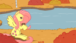 Size: 3840x2160 | Tagged: source needed, safe, artist:jomok0, fluttershy, pegasus, pony, autumn, blushing, bush, cup, detailed background, female, heart eyes, hoof hold, looking at you, mare, outdoors, pink mane, pink tail, pond, signature, sitting, smiling, solo, spread wings, steam, tea, tree, tree stump, water, wingding eyes, wings, yellow coat