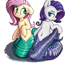 Size: 317x307 | Tagged: safe, artist:shydale, artist:yoditax, fluttershy, rarity, lamia, original species, collaboration, belly button, duo, female, flockmod, fluttersnake, lamity, rarisnake, simple background, species swap, white background