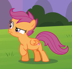 Size: 406x393 | Tagged: safe, artist:phucknuckl, derpibooru import, screencap, scootaloo, pegasus, pony, cropped, fake screencap, raised hoof, skeptical, solo, wavy mouth