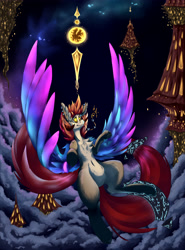 Size: 3400x4600 | Tagged: safe, artist:hyflin, derpibooru import, oc, oc only, oc:hausta, city, cloud, cronux gear, ear fluff, ears, falling, female, flying, jewelry, magic, mare, night, solo, towers, wings