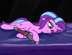 Size: 900x689 | Tagged: safe, artist:slamjam, derpibooru import, starlight glimmer, unicorn, cuddling, depressed, female, gladius, lying down, mare, mood, on side, solo, sword, weapon