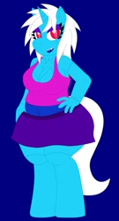 Size: 690x1280 | Tagged: safe, artist:avengedritsuko, derpibooru import, oc, oc only, oc:mimeo melody, anthro, cyborg, hybrid, monster pony, unguligrade anthro, anthro oc, belly button, big breasts, blue background, breasts, clone, clothes, hand on hip, looking at you, midriff, mutation, red eyes, simple background, skirt, smiling, solo, tanktop, thick, white hair, white tail, wide hips