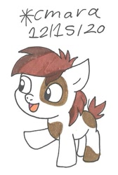 Size: 490x728 | Tagged: safe, artist:cmara, derpibooru import, pipsqueak, earth pony, pony, coat markings, colt, male, open mouth, raised hoof, simple background, solo, traditional art, white background