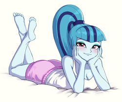 Size: 846x705 | Tagged: safe, artist:nairdags, derpibooru import, sonata dusk, equestria girls, adorasexy, barefoot, bedroom eyes, blushing, breasts, cleavage, clothes, crossed legs, cute, feet, lidded eyes, looking at you, lying down, ponytail, prone, sexy, shorts, simple background, sleeveless, smiling, solo, sonata bust, sonatabetes, tanktop, the pose