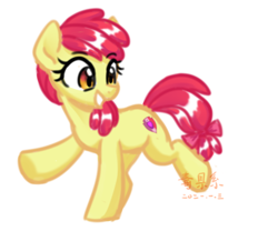 Size: 1200x1000 | Tagged: safe, artist:yaaaco, derpibooru import, apple bloom, earth pony, pony, adorabloom, cute, female, grin, mare, missing accessory, older, older apple bloom, raised hoof, raised leg, simple background, smiling, solo, white background