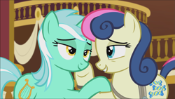 Size: 1667x939 | Tagged: safe, derpibooru import, screencap, bon bon, lyra heartstrings, sweetie drops, earth pony, pony, unicorn, slice of life (episode), cropped, duo, female, lesbian, lidded eyes, looking at each other, lyrabon, shipping, smiling