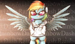 Size: 2000x1166 | Tagged: safe, artist:phoenixrk49, derpibooru import, rainbow dash, pegasus, pony, clothes, glasses, headphones, solo