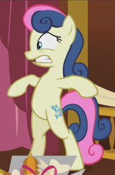 Size: 582x889 | Tagged: safe, derpibooru import, screencap, bon bon, sweetie drops, earth pony, pony, slice of life (episode), bipedal, cropped, gritted teeth, scared, solo