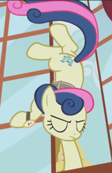 Size: 498x768 | Tagged: safe, derpibooru import, screencap, bon bon, sweetie drops, earth pony, pony, slice of life (episode), cropped, eyes closed, handstand, solo, upside down, watch