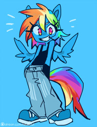 Size: 685x900 | Tagged: safe, artist:next-lvl, derpibooru import, rainbow dash, anthro, pegasus, blue background, cool, female, grin, hands in pockets, looking at you, no pupils, simple background, smiling, solo