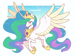 Size: 2048x1558 | Tagged: safe, artist:baitydraws, derpibooru import, princess celestia, alicorn, pony, colored wings, colored wingtips, female, flying, looking at you, mare, sky, solo, spread wings, wings