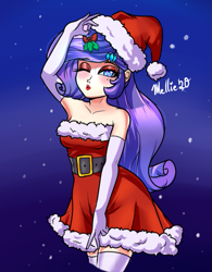 Size: 625x800 | Tagged: safe, artist:melliedraws, derpibooru import, rarity, human, bare shoulders, beauty mark, breasts, christmas, clothes, costume, evening gloves, eyeshadow, female, gloves, hat, holiday, holly, holly mistaken for mistletoe, humanized, kissy face, leggings, lipstick, long gloves, makeup, one eye closed, santa costume, santa hat, signature, skirt, sleeveless, solo, strapless, wink