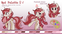 Size: 4500x2500 | Tagged: safe, artist:liquorice_sweet, derpibooru import, oc, oc:red palette, unicorn, artist, clothes, cute, cutie mark, horn, magic, pink, red, reference sheet, scarf, unicorn oc