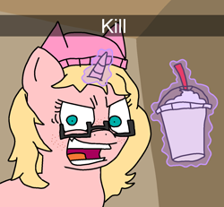 Size: 1301x1200 | Tagged: safe, artist:icecreamjaxxie, derpibooru import, oc, oc only, oc:mille feuille, pony, unicorn, drink, faic, food, freckles, glasses, gums, hat, levitation, magic, meme, milkshake, ponified meme, snapchat, solo, telekinesis