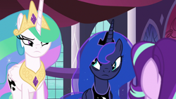 Size: 1920x1080 | Tagged: safe, derpibooru import, screencap, princess celestia, princess luna, starlight glimmer, alicorn, pony, unicorn, a royal problem, crown, female, jewelry, mare, regalia