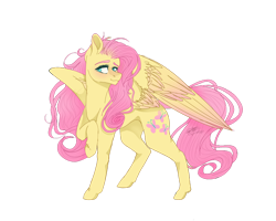 Size: 1280x1024 | Tagged: safe, artist:copshop, derpibooru import, part of a set, fluttershy, pegasus, pony, female, head turn, head turned, looking sideways, mare, raised hoof, simple background, smiling, solo, spread wings, standing, transparent background, two toned wings, wings