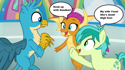 Size: 1280x720 | Tagged: safe, derpibooru import, edit, screencap, gallus, sandbar, smolder, dragon, earth pony, griffon, pony, school daze, excited, female, high five, male, raised hoof, stallion