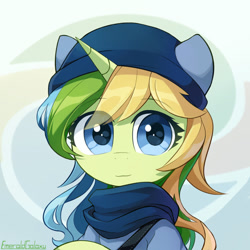 Size: 900x900 | Tagged: safe, artist:emeraldgalaxy, derpibooru import, oc, oc only, oc:emerald galaxy, pony, unicorn, abstract background, bust, clothes, eye clipping through hair, female, hat, looking at you, mare, portrait, scarf, shirt, smiling, solo