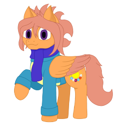 Size: 1500x1500 | Tagged: safe, artist:shoophoerse, derpibooru import, oc, oc:shoop, pegasus, pony, 2021 community collab, clothes, derpibooru community collaboration, folded wings, looking at you, raised leg, scarf, simple background, smiling, smiling at you, solo, sweater, transparent background, wings