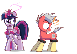 Size: 1280x906 | Tagged: safe, artist:trackheadtherobopony, derpibooru import, twilight sparkle, twilight sparkle (alicorn), oc, oc:trackhead, alicorn, pony, robot, robot pony, emanata, gritted teeth, magic, open mouth, open smile, ponified, revenge, roboticization, shocked, shocked expression, simple background, smiling, species swap, transparent background, twibot