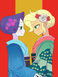 Size: 1620x2160 | Tagged: safe, artist:haibaratomoe, derpibooru import, applejack, rarity, equestria girls, alternate hairstyle, clothes, female, flower, flower in hair, kimono (clothing), lesbian, rarijack, shipping