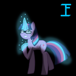 Size: 1080x1080 | Tagged: safe, artist:itzf1ker1, derpibooru import, sci-twi, twilight sparkle, oc, pony, unicorn, black background, female, glasses, glowing horn, horn, mare, powerful sparkle, simple background, solo, tail