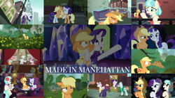 Size: 1968x1108 | Tagged: safe, derpibooru import, edit, edited screencap, editor:quoterific, screencap, applejack, blue peeler, blueberry curls, bubblegum blossom, coco pommel, late show, on stage, pearly stitch, rarity, raspberry beret, earth pony, pony, unicorn, made in manehattan, bronclyn, charlie horse, coco's apartment, manehattan, stage, twilight's castle, waxton