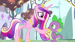 Size: 1920x1080 | Tagged: safe, derpibooru import, screencap, princess cadance, spike, alicorn, dragon, pony, princess spike (episode), dragonsneeze, female, male, mare