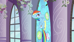 Size: 1920x1080 | Tagged: safe, derpibooru import, screencap, rainbow dash, pegasus, pony, the return of harmony, female, mare, solo, stained glass window