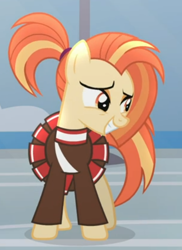 Size: 398x548 | Tagged: safe, derpibooru import, screencap, shimmy shake, earth pony, pony, 2 4 6 greaaat, cheerleader, cheerleader outfit, clothes, cropped, derpibooru, female, juxtaposition, mare, meta, smiling, solo
