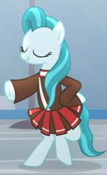 Size: 404x661 | Tagged: safe, derpibooru import, screencap, lighthoof, earth pony, pony, 2 4 6 greaaat, bipedal, cheerleader, cheerleader outfit, clothes, cropped, female, mare, smiling, solo