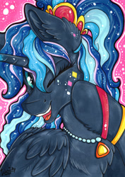 Size: 3449x4884 | Tagged: safe, artist:julunis14, derpibooru import, princess luna, alicorn, pony, between dark and dawn, 80s, 80s princess luna, alternate hairstyle, band, bracelet, bust, chest fluff, ear fluff, ears, female, funky, jewelry, marker drawing, necklace, one eye closed, ponytail, portrait, scrunchie, solo, traditional art, wink