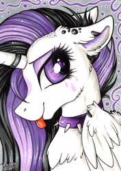 Size: 3443x4872 | Tagged: safe, artist:julunis14, derpibooru import, princess celestia, alicorn, pony, between dark and dawn, alternate hairstyle, blepping, bust, chest fluff, choker, collar, ear fluff, ears, female, horn, horn ring, marker drawing, piercing, portrait, punklestia, ring, seductive look, solo, spiked choker, tongue out, traditional art, wing fluff