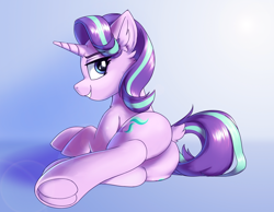 Size: 3600x2800 | Tagged: safe, artist:ravistdash, derpibooru import, starlight glimmer, pony, unicorn, butt, cutie mark, dock, ear fluff, ears, frog (hoof), glimmer glutes, looking at you, looking back, looking back at you, lying, plot, simple background, smiling, smirk, solo, underhoof