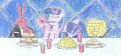 Size: 2152x1000 | Tagged: safe, artist:spongebronyph, derpibooru import, twilight sparkle, twilight sparkle (alicorn), alicorn, seapony (g4), my little pony: the movie, bowing, caption, crossover, food, french fries, image macro, krabby patties, krusty krab, mr. krabs, soda, spoiler, spongebob squarepants, text