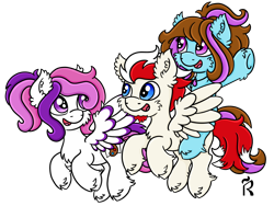 Size: 2000x1500 | Tagged: safe, artist:dawn-designs-art, derpibooru import, oc, oc:amethyst, oc:dawn, oc:lucky knight, earth pony, pegasus, pony, 2021 community collab, derpibooru community collaboration, digital art, female, flying, friendship, male, mare, stallion, trio