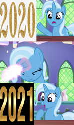 Size: 640x1080 | Tagged: safe, artist:mlpfan3991, derpibooru import, edit, edited screencap, screencap, trixie, pony, unicorn, all bottled up, 2020, 2021, angry, exploitable meme, eyes closed, glowing horn, horn, laser, magic, magic aura, meme, open mouth, trixie fixing meme, true story