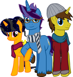 Size: 1200x1260 | Tagged: safe, artist:crisostomo-ibarra, derpibooru import, oc, oc only, oc:cyber gamer, oc:midnight shadows, oc:paint sketch, alicorn, pony, unicorn, 2021 community collab, alicorn oc, clothes, derpibooru community collaboration, female, glasses, horn, jacket, male, mare, scarf, simple background, smiling, stallion, transparent background, trio, wings