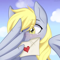 Size: 1024x1024 | Tagged: safe, artist:chickenbrony, derpibooru import, derpy hooves, pegasus, pony, blushing, bust, crying, female, heart eyes, letter, love letter, mare, mouth hold, portrait, solo, wingding eyes