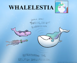 Size: 627x513 | Tagged: safe, artist:banebuster, derpibooru import, princess celestia, spike, twilight sparkle, fish, squid, whale, series:tiny tia, animal, blue whale, species swap, sperm whale, wat, whalelestia