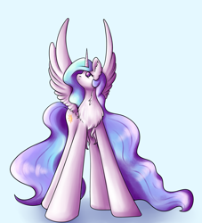 Size: 3334x3675 | Tagged: safe, artist:coco-drillo, derpibooru import, princess celestia, alicorn, pony, chest fluff, ear fluff, ears, looking up, majestic, majestic as fuck, simple background, solo, spread wings, standing up, wings