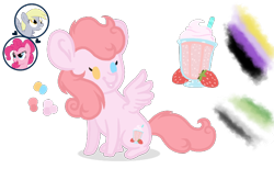 Size: 700x460 | Tagged: safe, artist:magicuniclaws, derpibooru import, derpy hooves, pinkie pie, oc, oc:strawberry milkshake, pegasus, pony, chibi, female, magical lesbian spawn, mare, offspring, parent:derpy hooves, parent:pinkie pie, parents:derpypie, reference sheet, simple background, transparent background