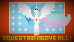 Size: 1280x720 | Tagged: safe, derpibooru import, princess celestia, alicorn, pony, caption, equestrian flag, flag, intimidating, looking at you, motto, red background, simple background, spread wings, text, wings