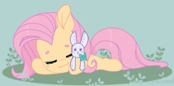 Size: 1200x592 | Tagged: safe, artist:auroracursed, derpibooru import, fluttershy, pegasus, pony, rabbit, animal, chibi, cute, eyes closed, female, green background, lying down, mare, plushie, prone, shyabetes, simple background, sleeping, solo