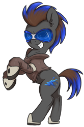 Size: 830x1260 | Tagged: safe, artist:t72b, derpibooru import, oc, oc only, oc:blue flare, earth pony, pony, boots, clothes, coat, ear piercing, earring, grin, jewelry, male, piercing, rearing, shoes, simple background, smiling, solo, stallion, sunglasses, transparent background