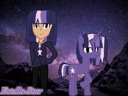 Size: 2048x1536 | Tagged: safe, artist:estellastaryt, derpibooru import, oc, human, pony, unicorn, clothes, horn, human ponidox, humanized, night, raised hoof, self ponidox, stars, unicorn oc