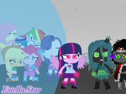 Size: 1024x768 | Tagged: safe, artist:estellastaryt, derpibooru import, applejack, fluttershy, king sombra, pinkie pie, queen chrysalis, rainbow dash, rarity, twilight sparkle, human, equestria girls, clothes, equestria girls-ified, evil grin, eyes closed, female, glowing eyes, glowing hands, grin, hat, humane five, humane six, humanized, magic barrier, male, shoes, smiling, sombra eyes, winged humanization, wings