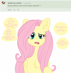 Size: 2256x2319 | Tagged: safe, artist:nightydream, derpibooru import, fluttershy, pegasus, pony, series:ask fluttershy, bust, chest fluff, confused, dialogue, female, folded wings, full face view, looking at you, mare, open mouth, raised hoof, solo, speech bubble, wings